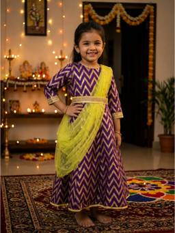 SAKA DESIGNS - Girls Purple Ethnic Anarkali Dress with Dupatta And Belt