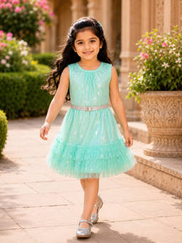SAKA DESIGNS - Girls Green Party Wear Dress With Belt
