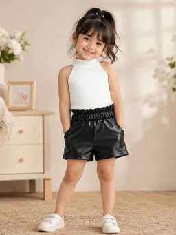 Googo Gaaga - Girls White Ribbed Sleeveless Top and Black Shorts