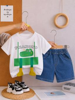 Googo Gaaga - Boys Graphic Print Cotton T-shirt and Denim Shorts