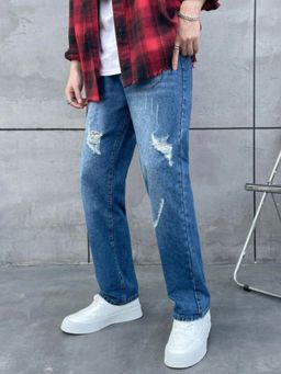 Off Duty India - Blue Torn Wash Straight Leg Baggy Men Jeans - Blue