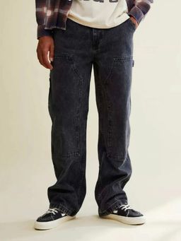 Off Duty India - Granite Black Front Patch Mens Straight Fit Cargo Jeans - Black