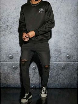 Off Duty India - Knee Cut Out Patched Regular Fit Men Jeans - Black