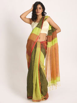 Angoshobha - Multi-Color Traditional Handloom Check Linen Saree with Unstitched Blouse