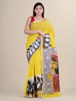 LAA CALCUTTA - Yellow & Multi Cotton Silk Hand Printed Saree With Unstitched Blouse