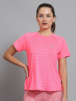 Rock.it - Pink Self Design Round Neck T-Shirt for Women