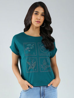 Monte Carlo - Teal Printed T-Shirt For Women