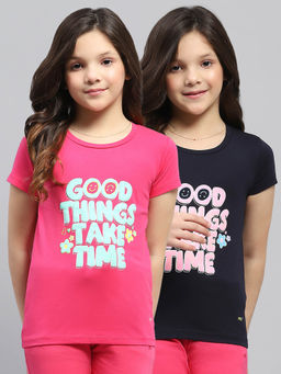 Monte Carlo - Girls Navy Blue and Pink Printed T-Shirt Pack of 2