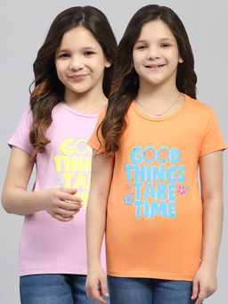 Monte Carlo - Girls Orange and Pink Printed T-Shirt Pack of 2