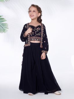 Mini Stitch - Navy Blue Embroidered Top with Jacket and Palazzo (Set of 3)