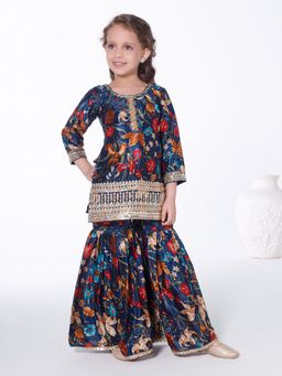 Mini Stitch - Teal Floral Printed Kurta with Sharara (Set of 2)