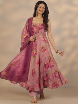 Libas - Mauve Silk Blend Anarkali Kurta With Pant & Dupatta