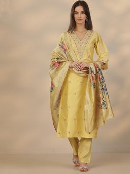 Libas - Yellow Silk Blend Kurta With Pant & Dupatta