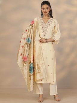 Libas - Cream Silk Blend Kurta With Pant & Dupatta