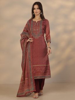 Libas - Maroon Silk Blend Kurta With Pant & Dupatta