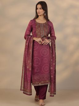 Libas - Burgundy Silk Blend Kurta With Pant & Dupatta