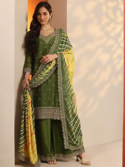 Libas - Olive Chinon Kurta With Palazzo & Dupatta