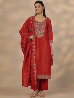 Libas - Red Silk Blend Kurta With Pant & Dupatta