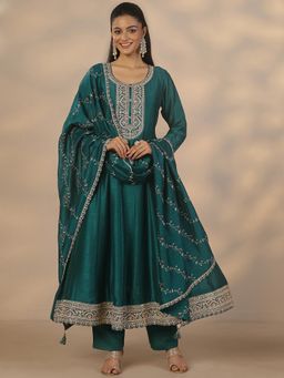 Libas - Green Silk Blend Anarkali Kurta With Pant & Dupatta