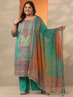 Extra love by Libas - Plus Size Women Green Silk Blend Kurta With Pant & Dupatta