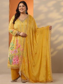 Extra love by Libas - Mustard Chinon Kurta With Pant & Dupatta