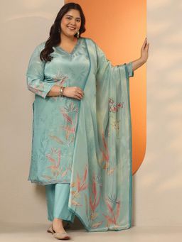 Extra love by Libas - Turquoise Silk Blend Kurta With Pant & Dupatta