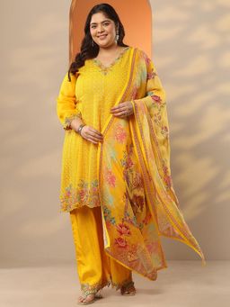 Extra love by Libas - Mustard Organza Kurta With Pant & Dupatta