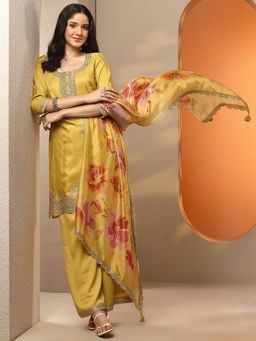 Libas Art - Yellow Silk Blend Kurta With Palazzo & Dupatta