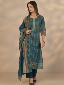 Libas - Teal Cotton Kurta With Pant & Dupatta