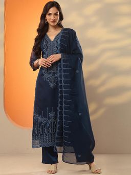 Libas - Navy Blue Organza Kurta With Pant & Dupatta