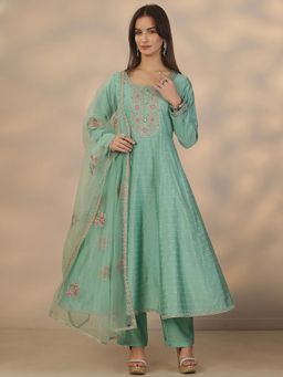 Libas - Green Silk Blend Anarkali Kurta With Pant & Dupatta
