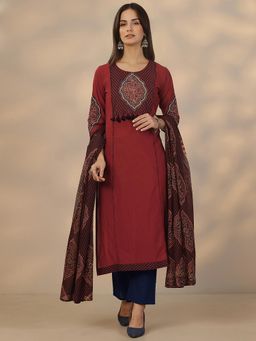 Libas - Maroon Cotton Kurta With Pant & Dupatta