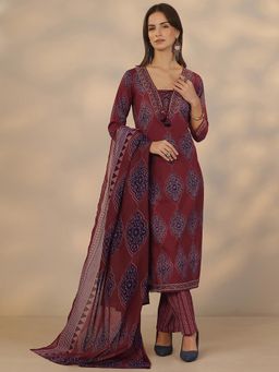 Libas - Maroon Cotton Kurta With Pant & Dupatta