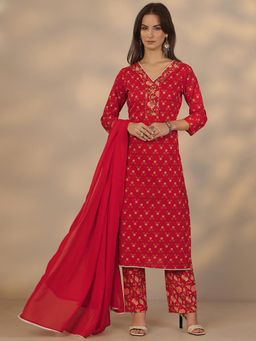 Libas - Red Cotton Kurta With Pant & Dupatta