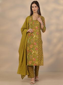 Libas - Green Cotton Kurta With Pant & Dupatta