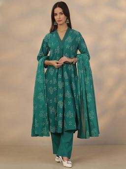 Libas - Green Cotton Anarkali Kurta With Pant & Dupatta