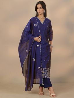 Libas - Navy Blue Silk Blend Kurta With Pant & Dupatta