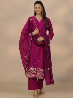 Libas - Magenta Silk Blend Kurta With Pant & Dupatta