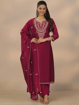 Libas - Maroon Silk Blend Kurta With Pant & Dupatta