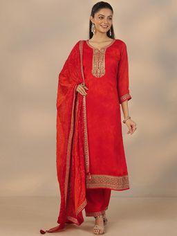 Libas - Red Silk Blend Kurta With Pant & Dupatta