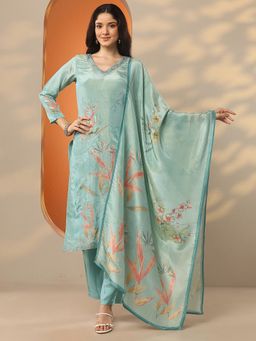 Libas - Turquoise Silk Blend Kurta With Pant & Dupatta