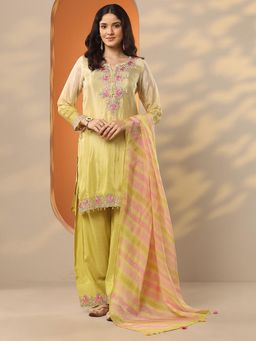 Libas Art - Yellow Crepe Kurta With Pant & Dupatta