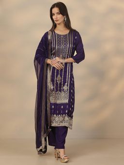 Libas - Purple Silk Blend Kurta With Pant & Dupatta