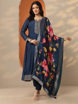 Libas - Navy Blue Silk Blend Anarkali Kurta With Pant & Dupatta