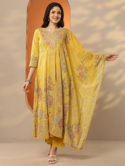Libas - Yellow Cotton Anarkali Kurta With Pant & Dupatta