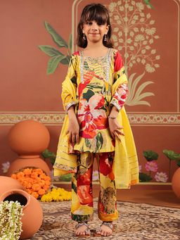Rain & Rainbow - Yellow Cotton Kurta With Pant & Dupatta