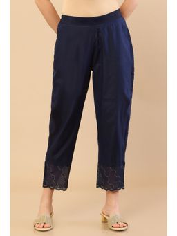 Soch - Navy Blue Chanderi Straight Pants with Embroidered Borders and Sequins