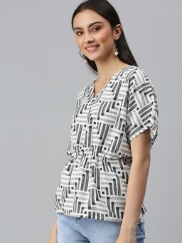 SHOWOFFFF - Women V-Neck Flare Sleeves Geometric White Top