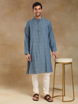Fabindia - Blue Cotton Self Design Comfort Fit Long Kurta