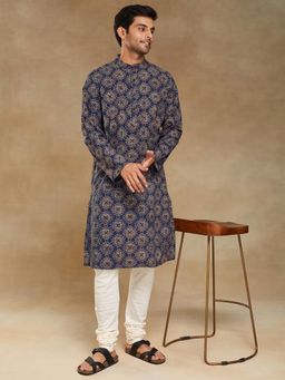 Fabindia - Indigo Cotton Ajrakh Printed Slim Fit Long Kurta